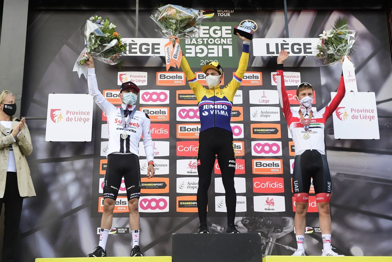 Liege Bastogne Liege 2020 106th Edition Liege Liege 257 km 04102020 Marc Hirschi SUI Team Sunweb Primoz Roglic SLO Team Jumbo Visma Tadej Pogacar SLO UAE Team Emirates photo Peter De VoechtPNBettiniPhoto2020