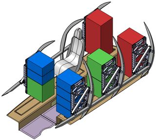 This illustration shows four experiment racks and a seat for the flight test engineer in the cabin of SpaceShipTwo.
