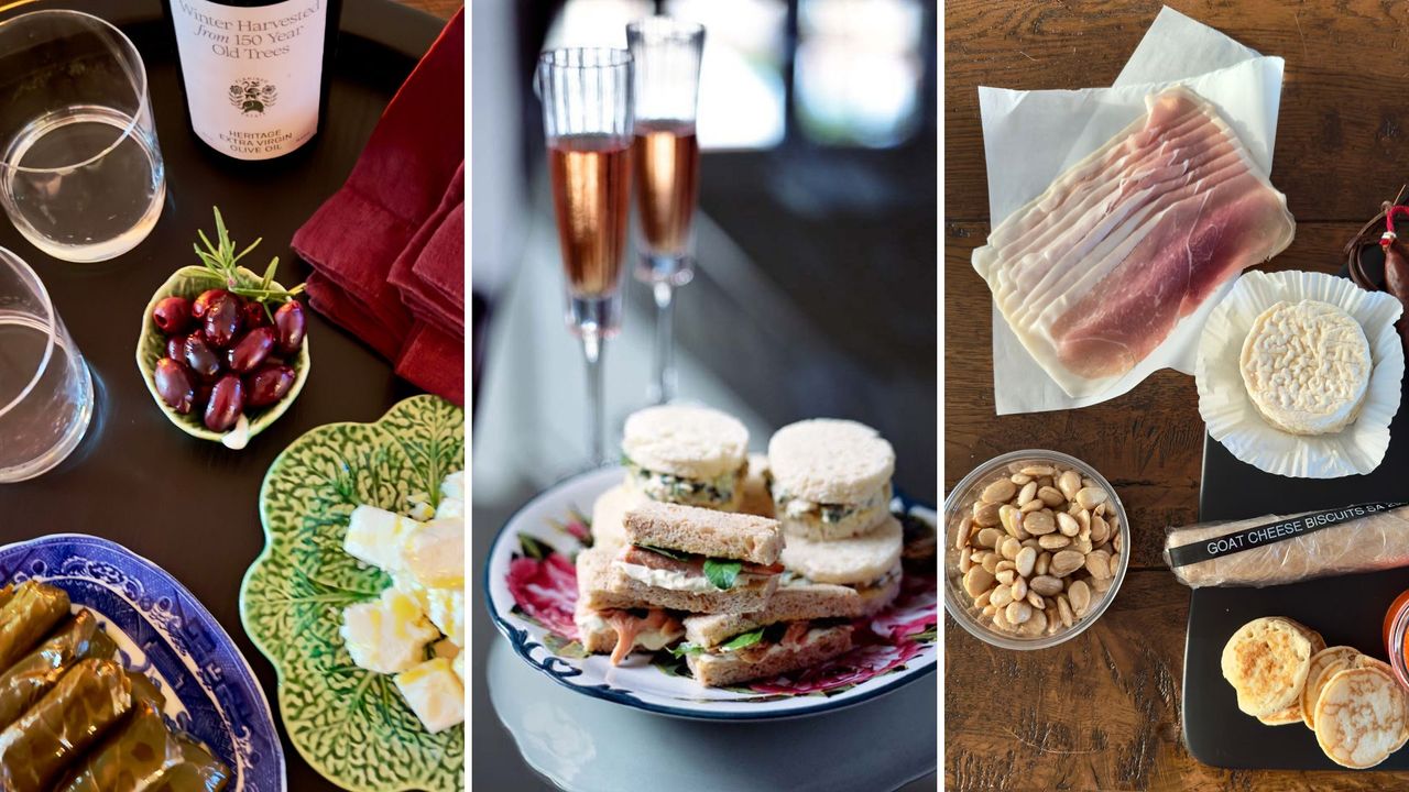 Plates of canapes and finger food with drinks