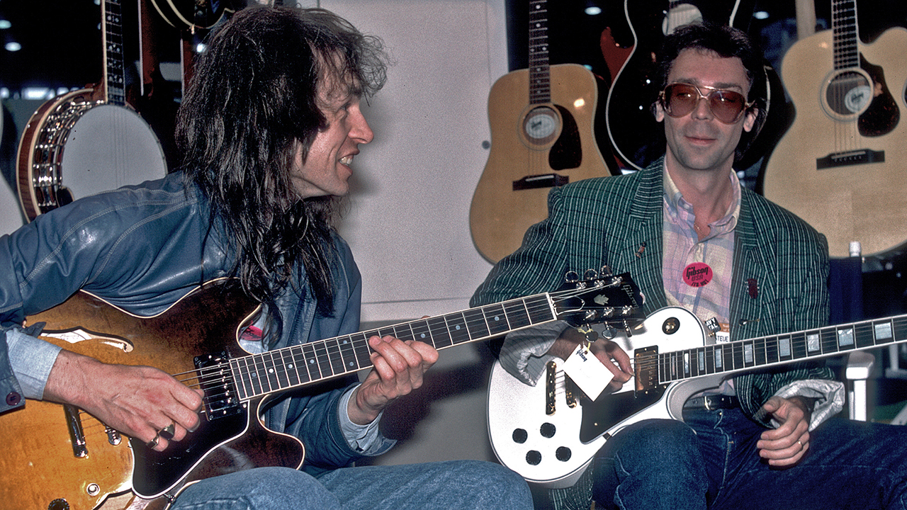 Steve Howe (Yes) and Steve Hackett (Genesis) of GTR at National Association Of Music Manufacturers Convention in Chicago, Illinois, June 15, 1986. (Photo by Paul Natkin/Getty Images)