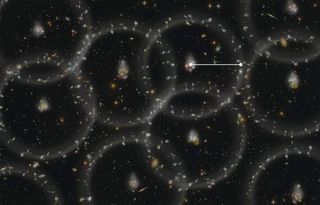 Several circles outline galaxies around central points.