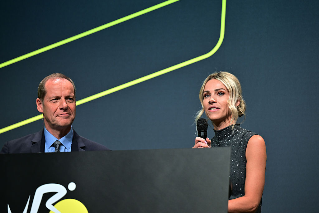 PARIS, FRANCE - OCTOBER 23: (L-R) Christian Prudhomme of France Director of Le Tour de France and Marion Rousse of France director of the Tour de France Femmes during the 113th Tour de France &amp;amp; 5th Tour de France Femmes 2026 - Official Route Presentation / #UCIWT / #UCIWWT / on October 23, 2025 in Paris, France. (Photo by Billy Ceusters/Getty Images)