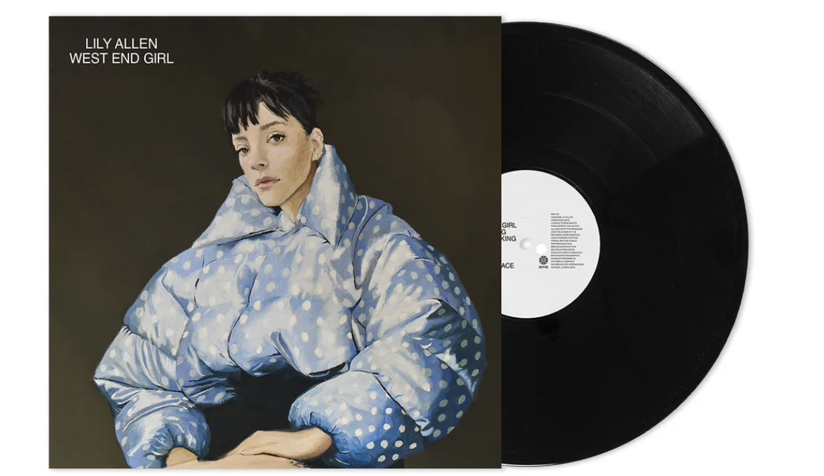 An illustrated album cover titled "Lily Allen West End Girl" shows the singer in a blue polka-dot puffer jacket