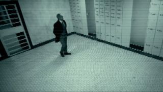 A man in a suit walking through a vault, as seen through a security camera in Stolen: Heist of the Century
