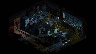 A man runs into a dark, decrepit kitchen that is a infested with giant, plant-like growths sticking out of the ground, conveying a disturbing, horror-themed atmosphere. 