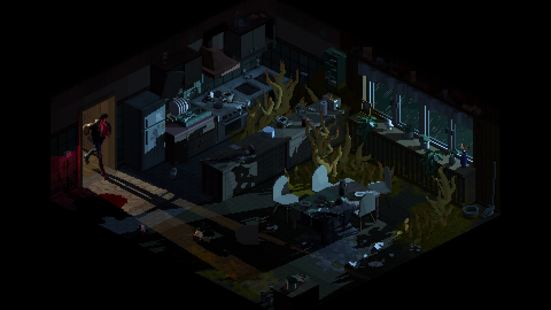 A man runs into a dark, decrepit kitchen that is a infested with giant, plant-like growths sticking out of the ground, conveying a disturbing, horror-themed atmosphere. 