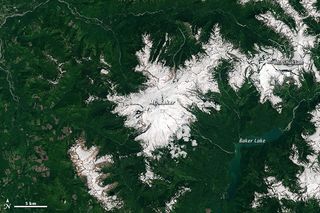 Aerial view of Mount Baker in Washington captured on July 3, 2013 using Operational Land Imager on satellite Landsat 8.