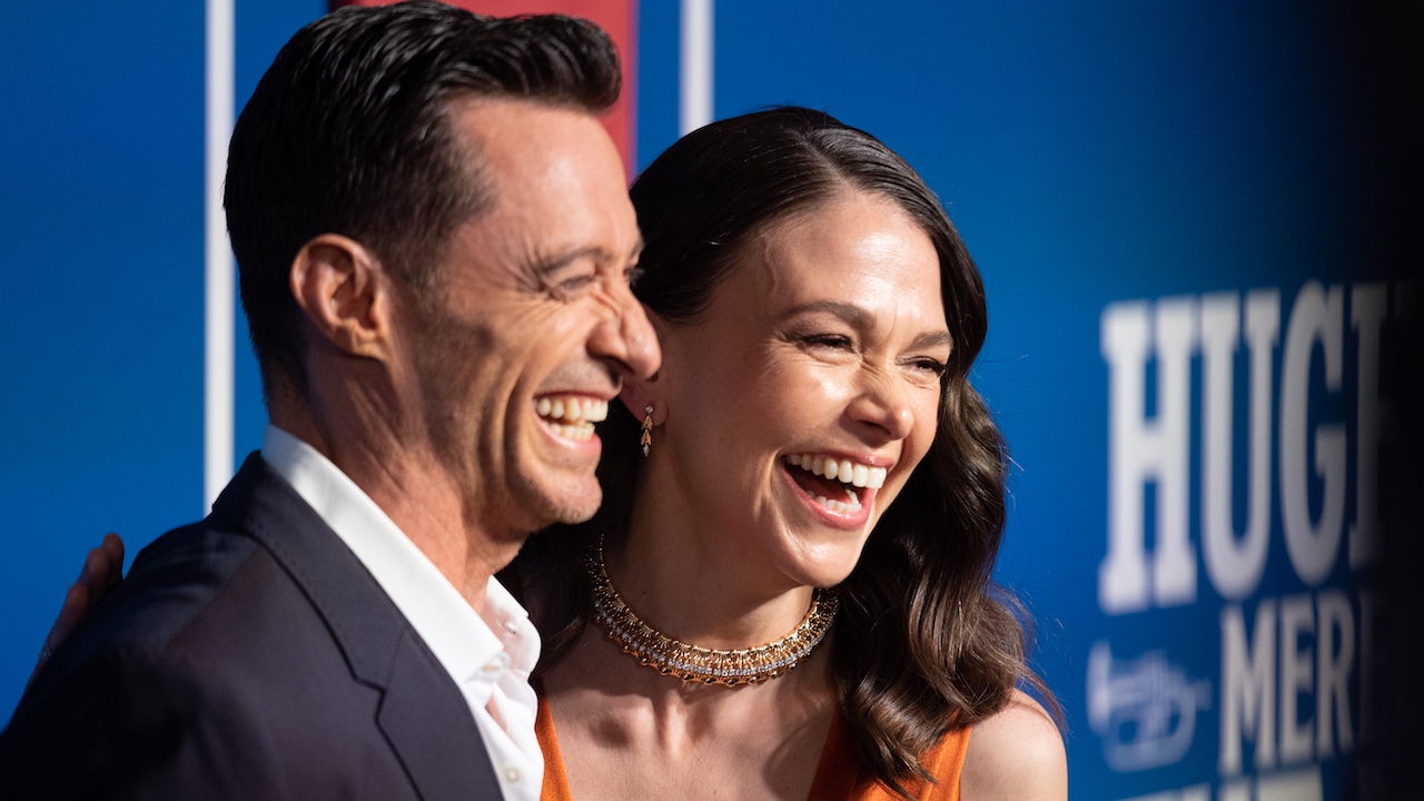 Sutton Foster and Hugh Jackman laughing at opening night of The Music Man