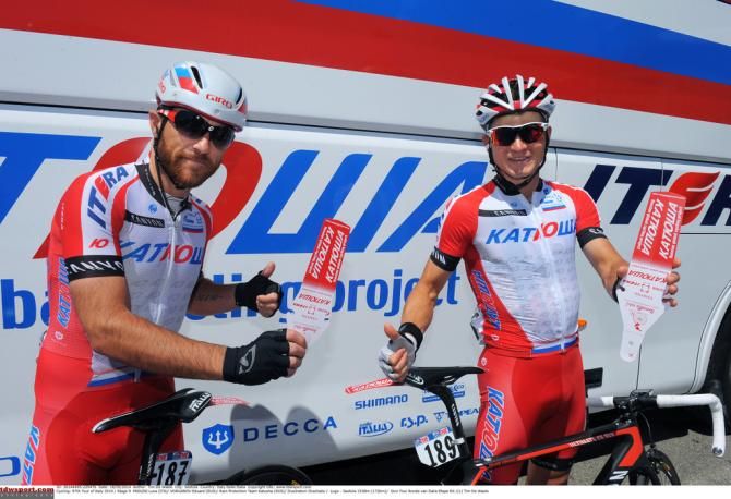 Katusha with their rain guards