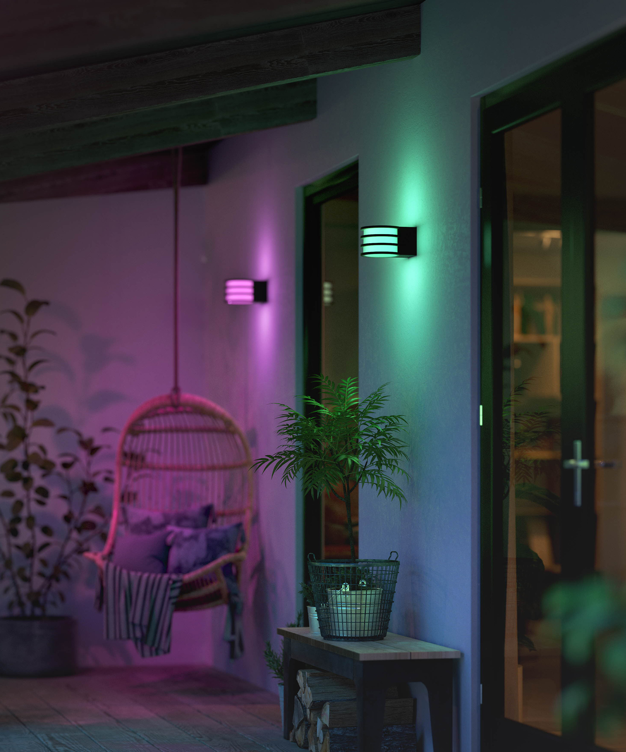 Pink and green hued outdoor wall mounted lights