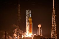 The Artemis 1 SLS rocket ignites as seen from the press site at Kennedy Space Center on Nov. 16, 2022.