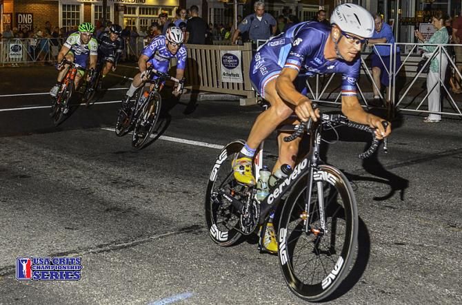 Two-time Olympian, Bobby Lea leads the group at the Iron Hill Twilight Criterium
