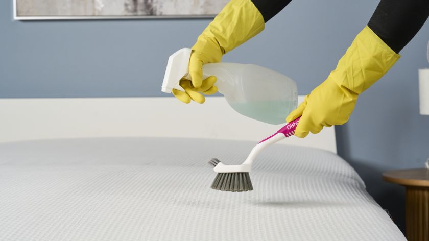 Rubber gloves hands holding a spray bottle and cleaning brush over white mattress surface