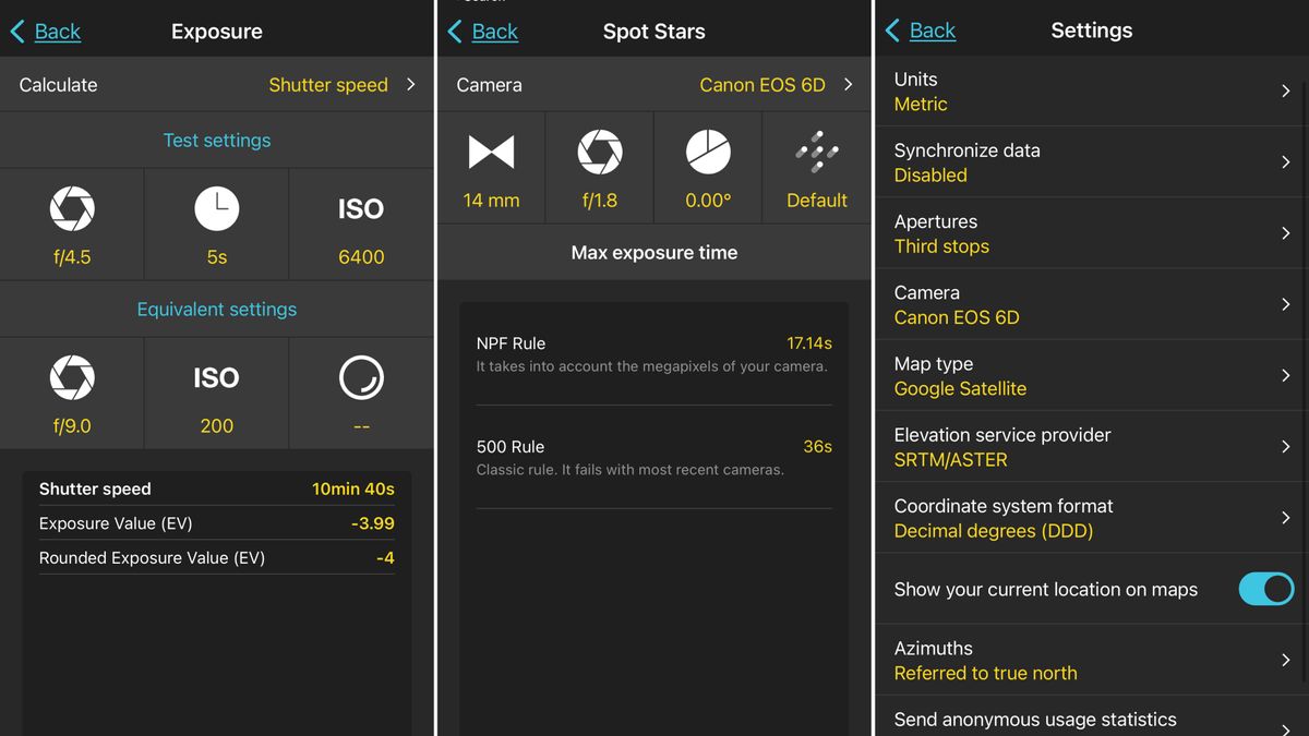 Screens from the app showing the exposure calculator with icons representing the f-number and shutter speed. A screen on the right hand side shows the general settings page with options such as units, camera and map type.