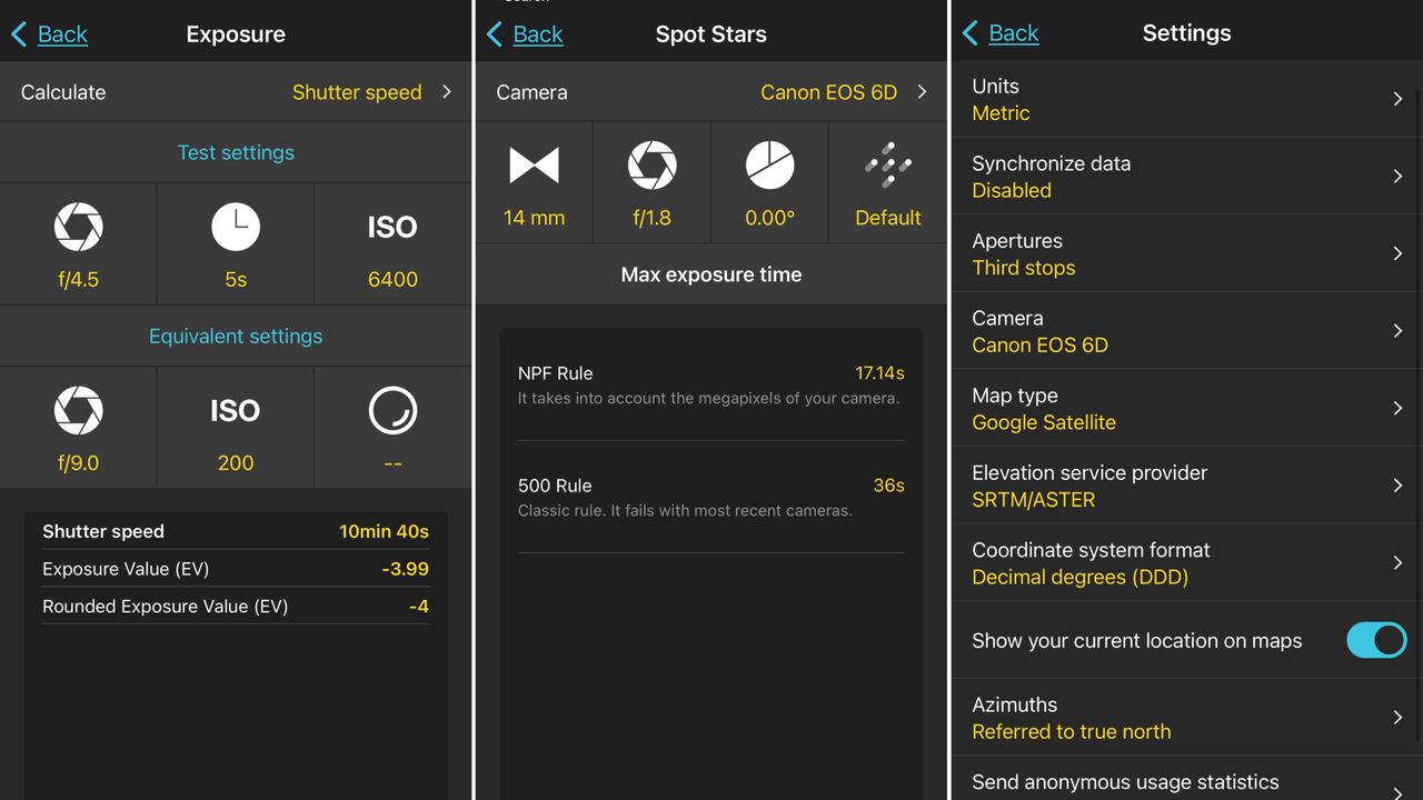 Screens from the app showing the exposure calculator with icons representing the f-number and shutter speed. A screen on the right hand side shows the general settings page with options such as units, camera and map type.