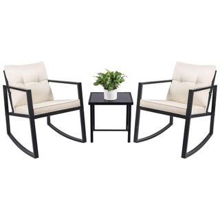 Black rocking bistro set with white cushions