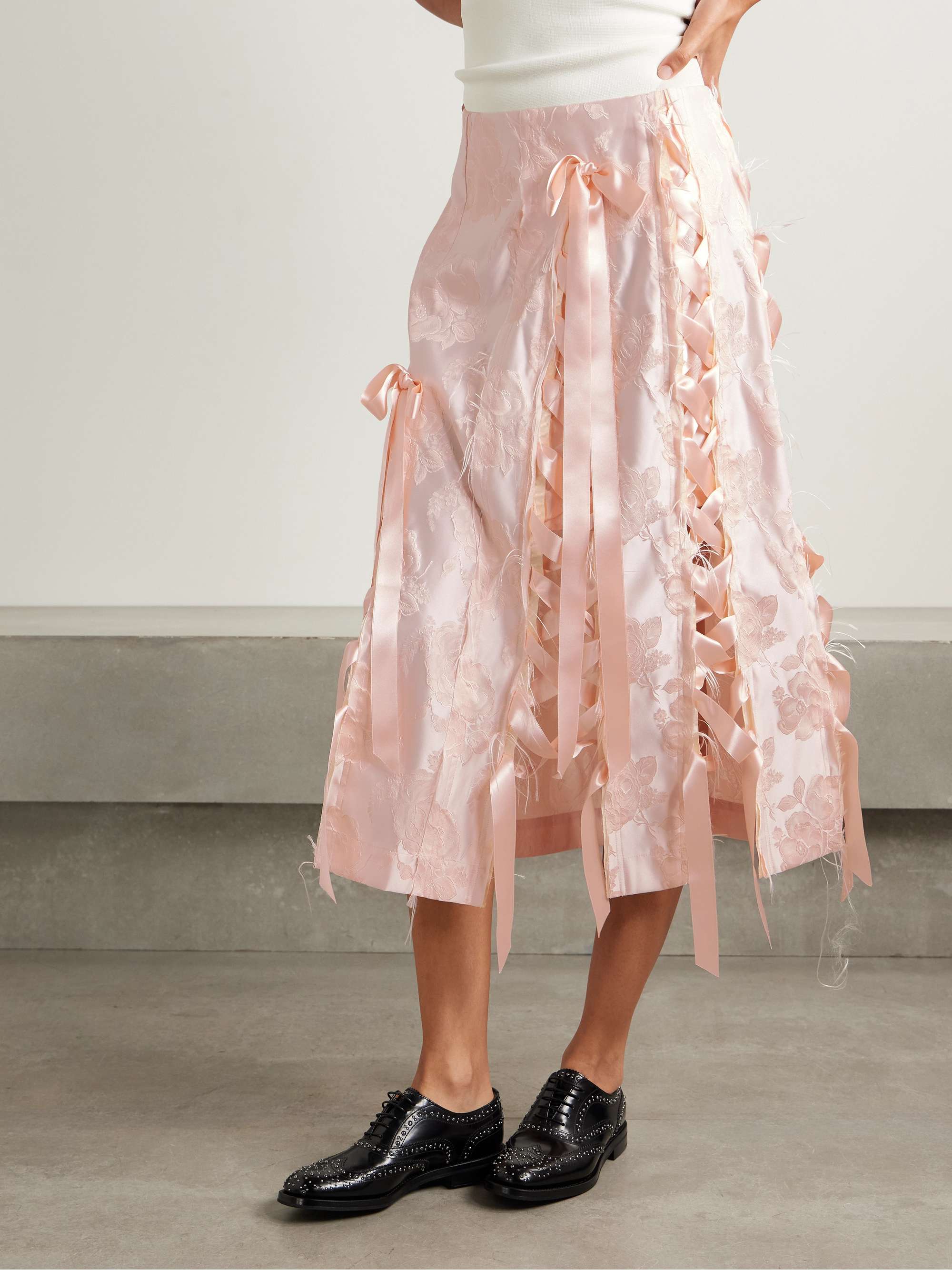 Unraveling Ribbon Lace-Up Frayed Brocade Midi Skirt