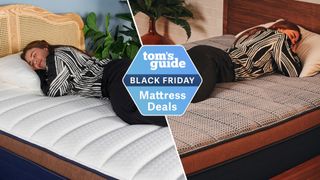 A side by side of our mattress tester wearing black and white pyjamas laying on her front on the Brooklyn Bedding CopperFlex Pro Hybrid mattress (left) and the Brooklyn Bedding Memory Foam mattress (right) with Tom's Guide's blue Black Friday mattress deals logo 