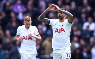 Cristian Romero celebrates his goal for Tottenham against Arsenal in April 2024.