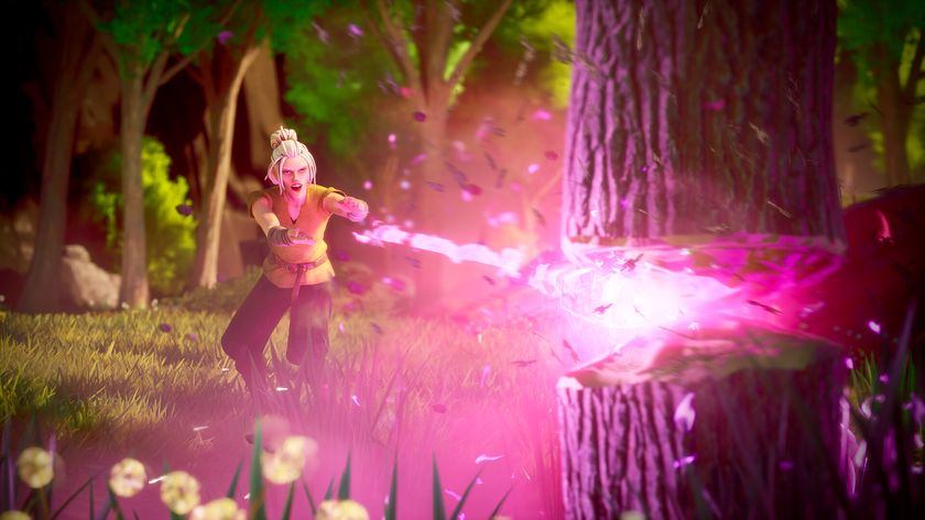 a person using a magical spectral axe to cut down a tree