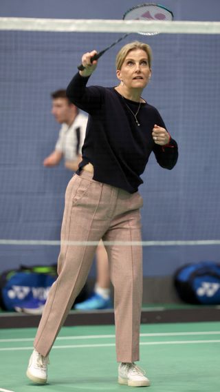 Sophie, Duchess of Edinburgh takes part in a badminton match as she attends the All England Open Badminton Championships in 2024