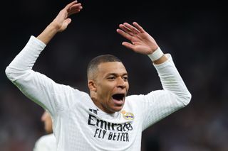 Kylian Mbappe celebrates after scoring for Real Madrid against Manchester City in the Champions League in February 2025.