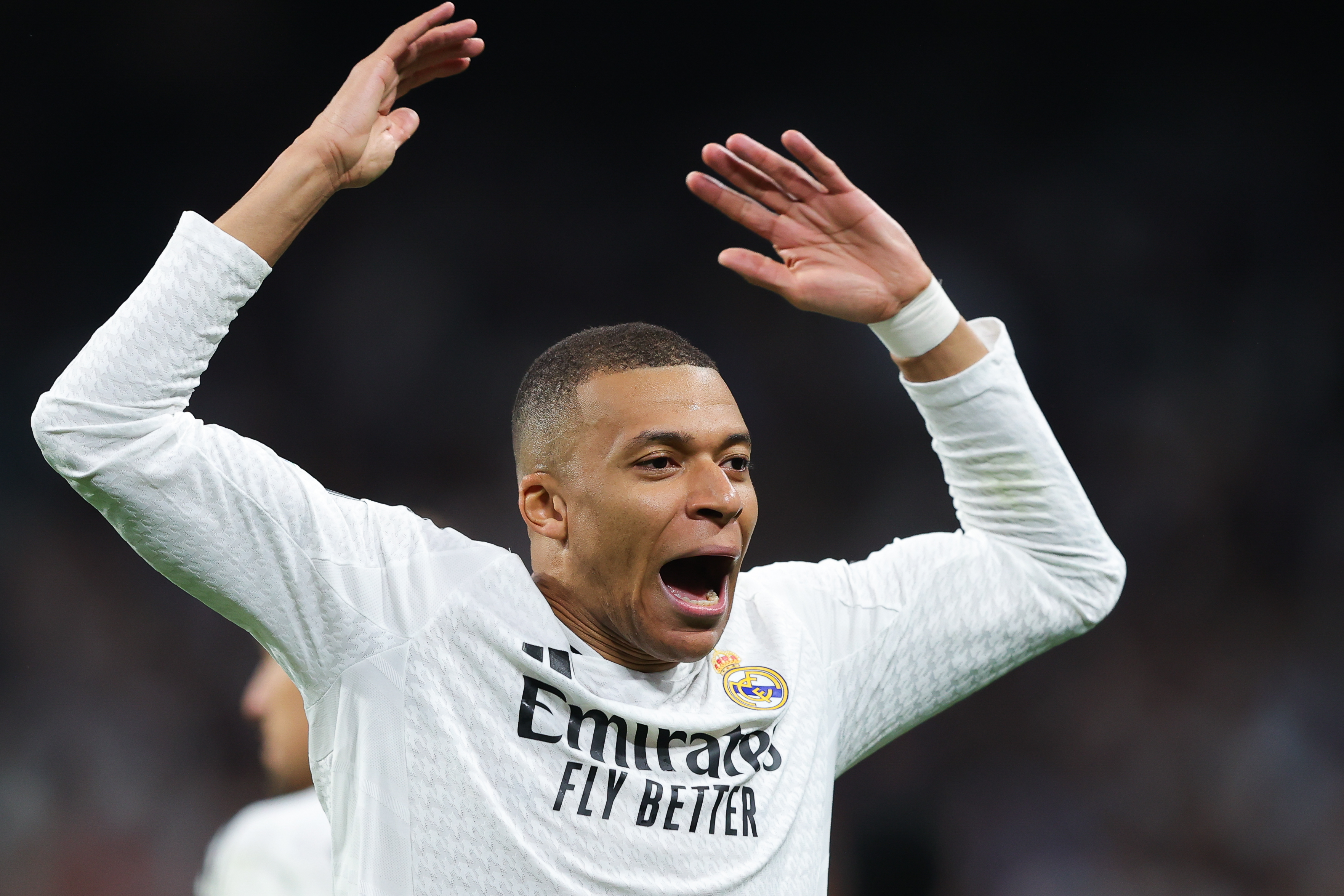 Kylian Mbappe celebrates after scoring for Real Madrid against Manchester City in the Champions League in February 2025.