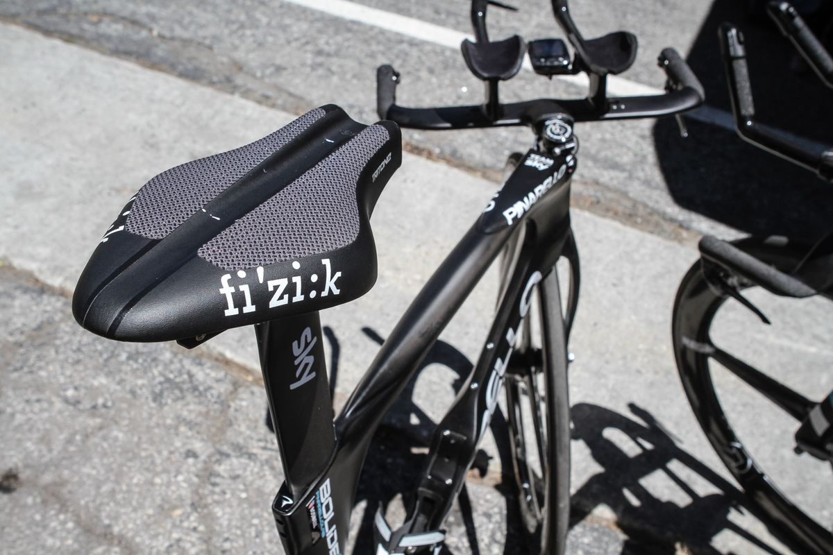 Ian Boswell of Team Sky added grip tape to his Fizik Tritone saddle to ensure the best position during the time trial