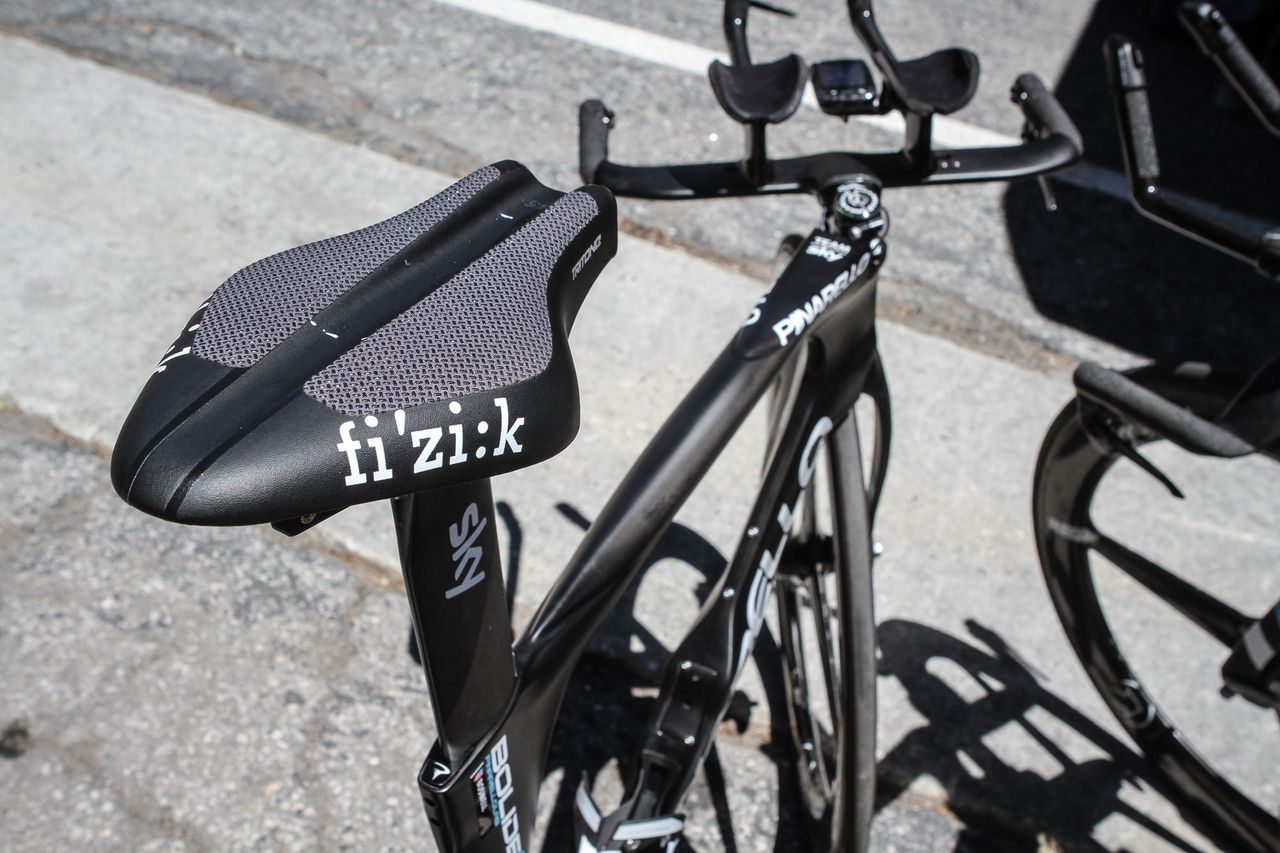 Ian Boswell of Team Sky added grip tape to his Fizik Tritone saddle to ensure the best position during the time trial