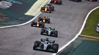 George Russell of Great Britain lead the field at Interlagos ahead of the F1 Brazilian Grand Prix 2023.