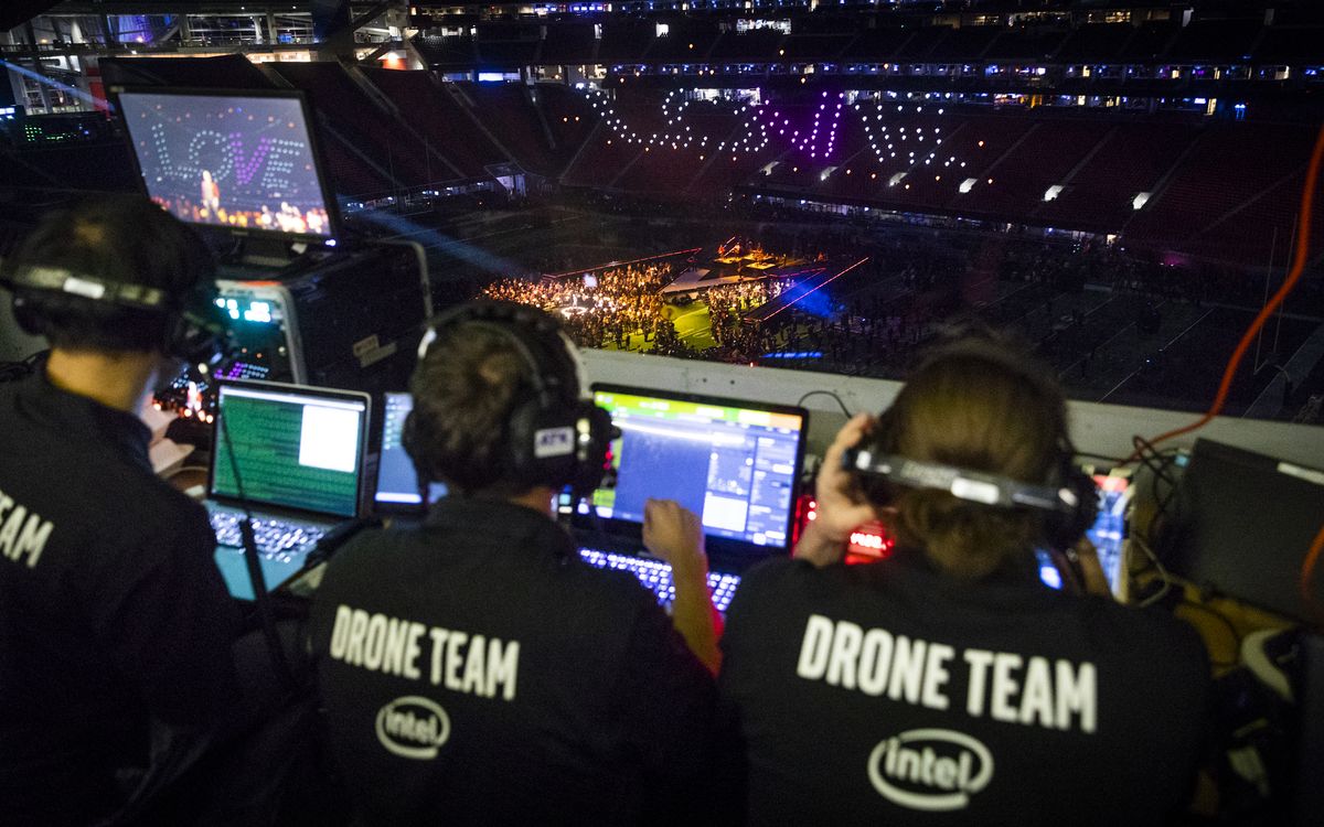 One hundred fifty enhanced Intel Shooting Star drones fly during rehearsals for the Pepsi Super Bowl LIII Halftime Show. (Credit: Intel Corporation)