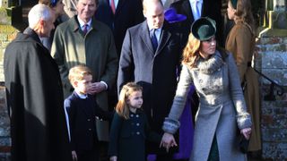 KING'S LYNN, ENGLAND - DECEMBER 25: Prince William, Duke of Cambridge, Prince George, Princess Charlotte and Catherine, Duchess of Cambridge attend the Christmas Day Church service at Church of St Mary Magdalene on the Sandringham estate on December 25, 2019 in King's Lynn, United Kingdom. (Photo by Stephen Pond/Getty Images)