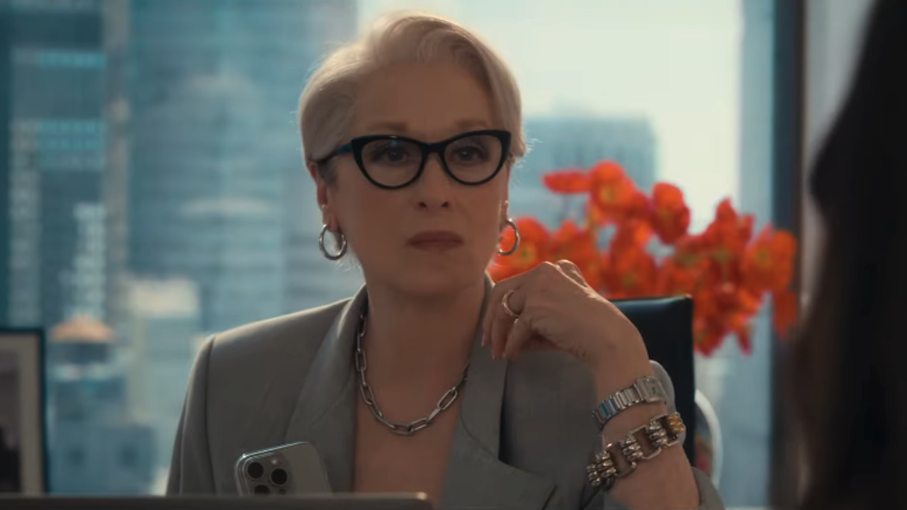 Meryl Streep sitting at a desk as Miranda Priestley in The Devil Wears Prada 2