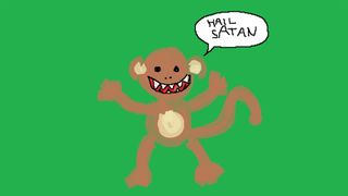 A crudely draw monkey on a green background with the words 'Hail Satan' in the upper corner.