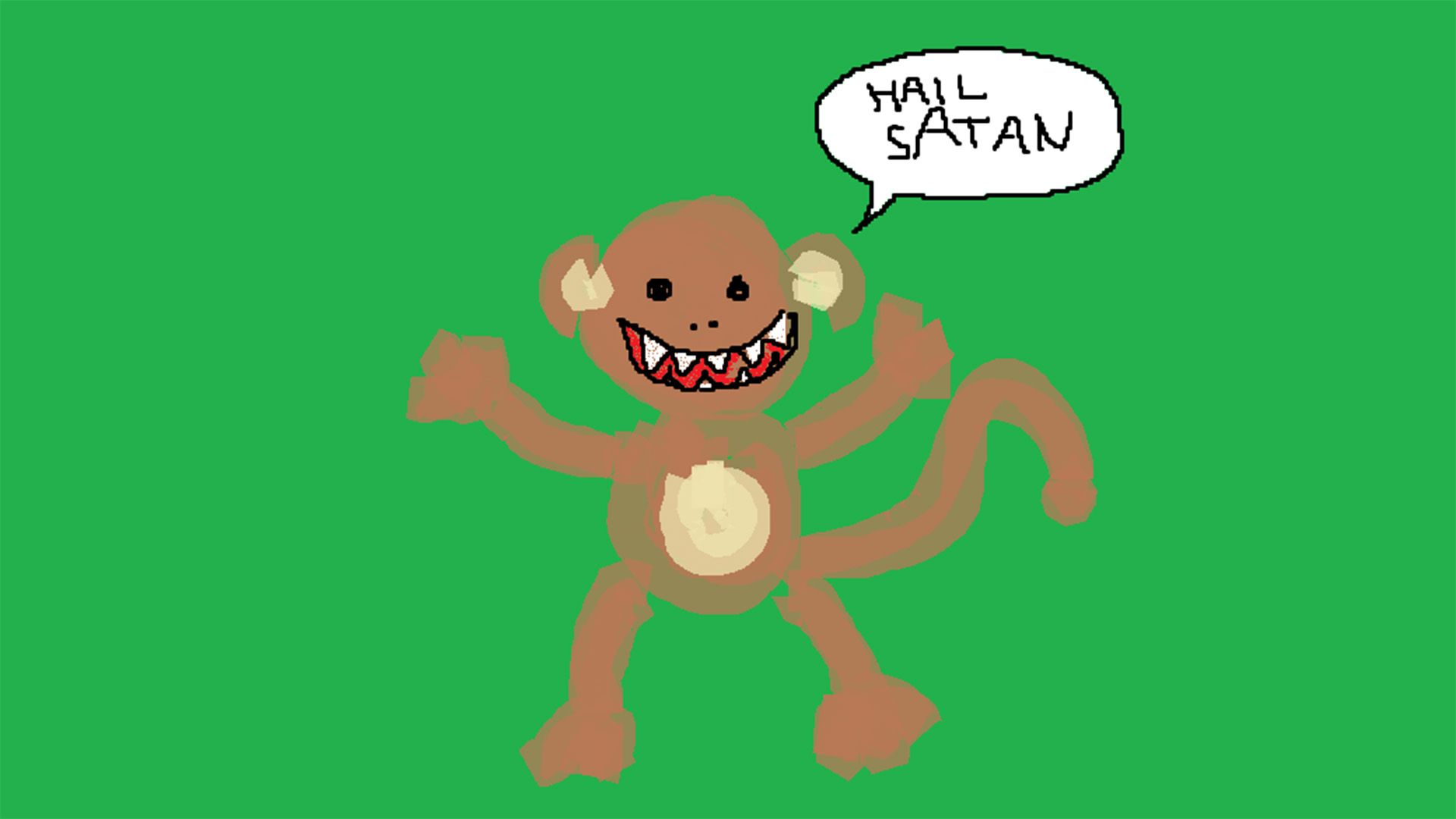 A crudely draw monkey on a green background with the words 'Hail Satan' in the upper corner.
