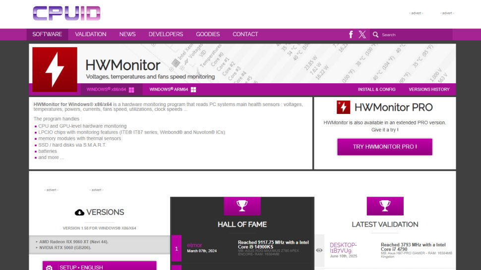 HWMonitor website screenshot (June 2025)