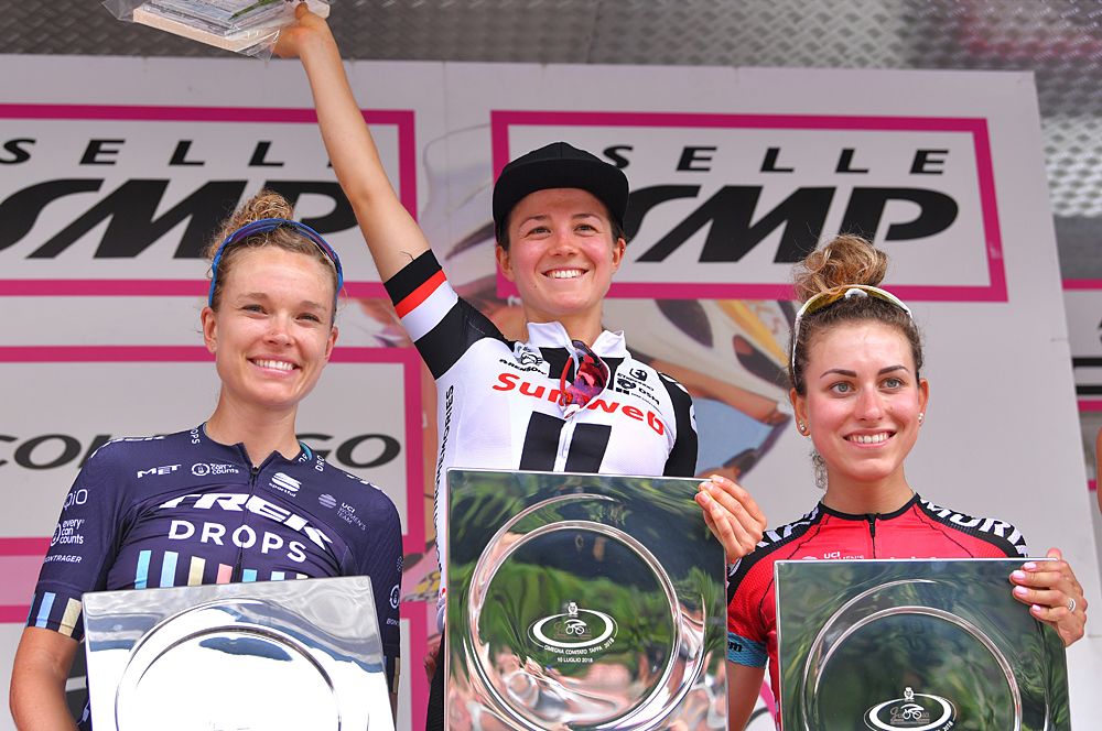 Ruth Winder (Sunweb) on the podium as the stage 5 winner at the Giro Rosa
