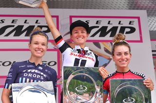 Ruth Winder (Sunweb) on the podium as the stage 5 winner at the Giro Rosa