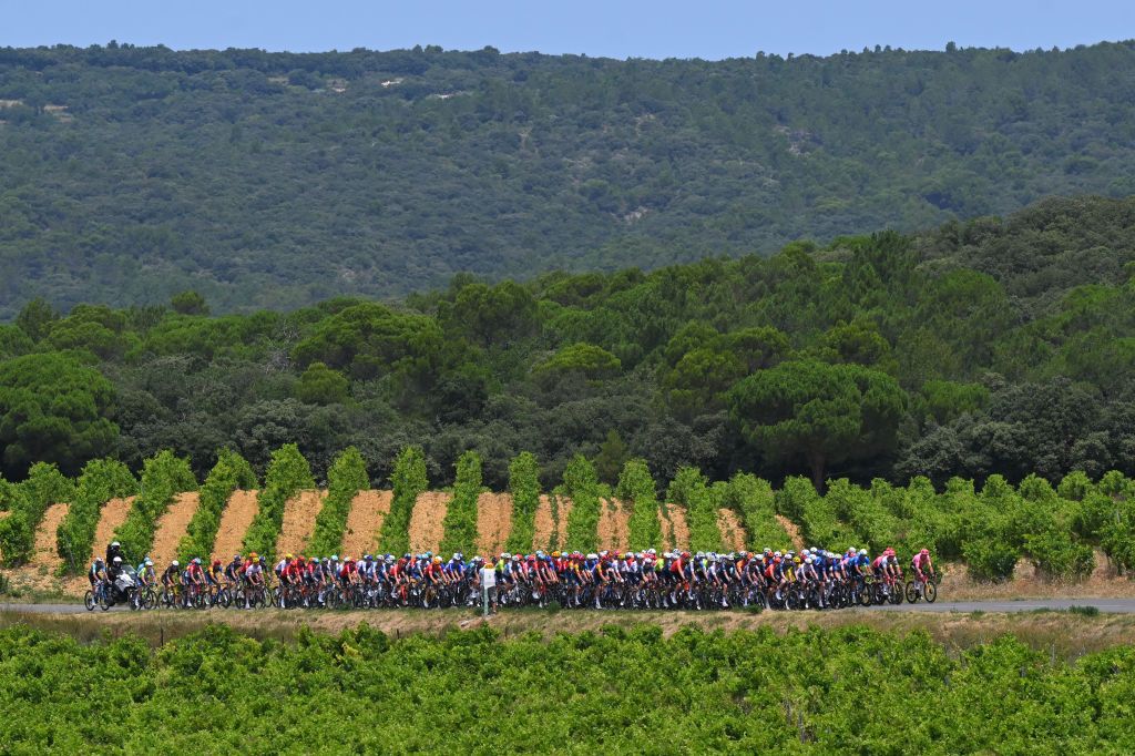 SUPERDEVOLUY LE DEVOLUY FRANCE JULY 17 Tadej Pogacar of Slovenia and UAE Team Emirates Yellow Leader Jersey Jonas Vingegaard Hansen of Denmark and Team Visma Lease a Bike Polka Dot Mountain Jersey Biniam Girmay of Eritrea and Team Intermarche Wanty Green Sprint Jersey Remco Evenepoel of Belgium and Team Soudal QuickStep White Best Young Rider Jersey and a general view of the peloton competing during the 111th Tour de France 2024 Stage 17 a 1778km stage from SaintPaulTroisChateaux to Superdevoluy 1500m UCIWT on July 17 2024 in Superdevoluy Le Devoluy France Photo by Tim de WaeleGetty Images