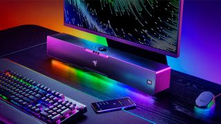 Razer Leviathan V2 Pro on a desk with Chroma RGB lighting