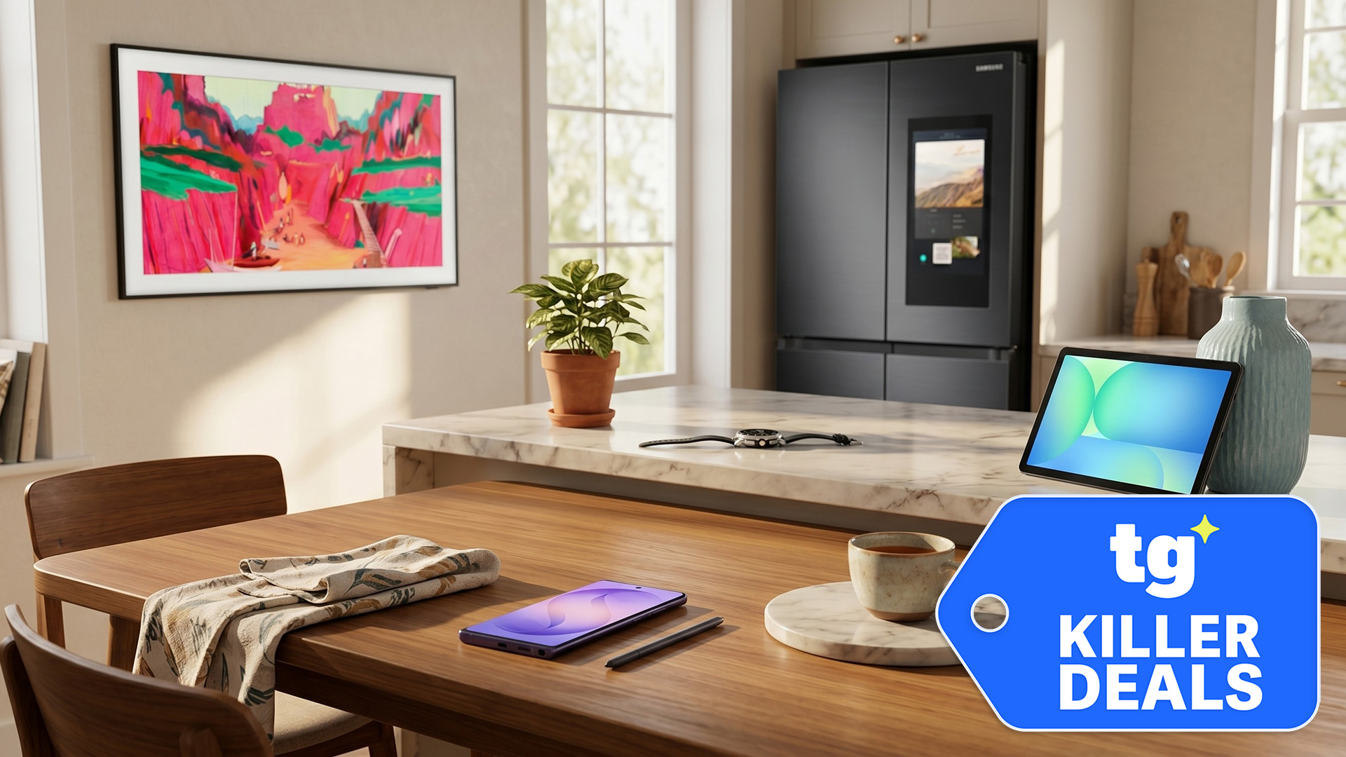 Various Samsung products arranged in a kitchen environment