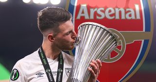 Arsenal target Declan Rice of West Ham United kisses the UEFA Europa Conference League trophy after the team's victory during the UEFA Europa Conference League 2022/23 final match between ACF Fiorentina and West Ham United FC at Eden Arena on June 07, 2023 in Prague, Czech Republic.
