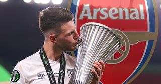 Arsenal target Declan Rice of West Ham United kisses the UEFA Europa Conference League trophy after the team&#039;s victory during the UEFA Europa Conference League 2022/23 final match between ACF Fiorentina and West Ham United FC at Eden Arena on June 07, 2023 in Prague, Czech Republic.