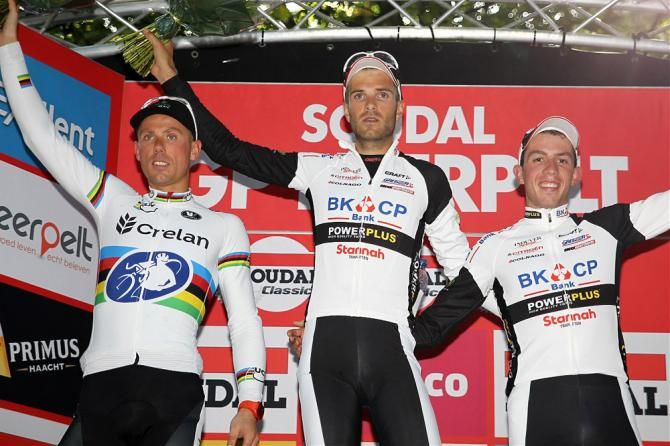 2013 Soudal GP Neerpelt men's podium (L-R): Sven Nys, Niels Albert and Philipp Walsleben