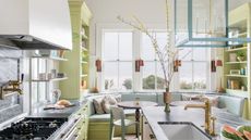 Green shelves, white window frames