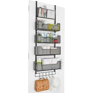 Adjustable Over the Door Organizer, Large Hanging Door Storage With 4 Metal Baskets and Pvc Pocket Wall Mount, Heavy Duty Behind Door Organizer for Bathroom Bedroom Closet Pantry Cabinet, Black