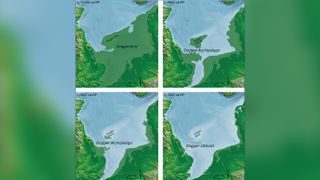 Analysis of the sediment cores from the Doggerland region reveal its largest extent was before 10,000 years ago (a); much of Doggerland was later inundated by rising sea levels, by a warming climate (b); the Storegga tsunami about 8200 years ago reduced Doggerland to a few surviving islands (c); all of Doggerland but its coastal regions were submerged by about 7000 years ago (d).