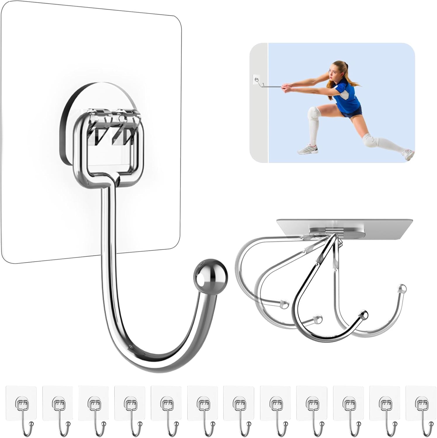 Strjobaili 12 Pack Large Adhesive Hooks for 44 Lb(max) Hanging Heavy Duty, Self Adhesive Sticky Hooks Waterproof Stainless Steel Wall Hook for Home Bathroom Shower Kitchen Outdoor Utility Hooks