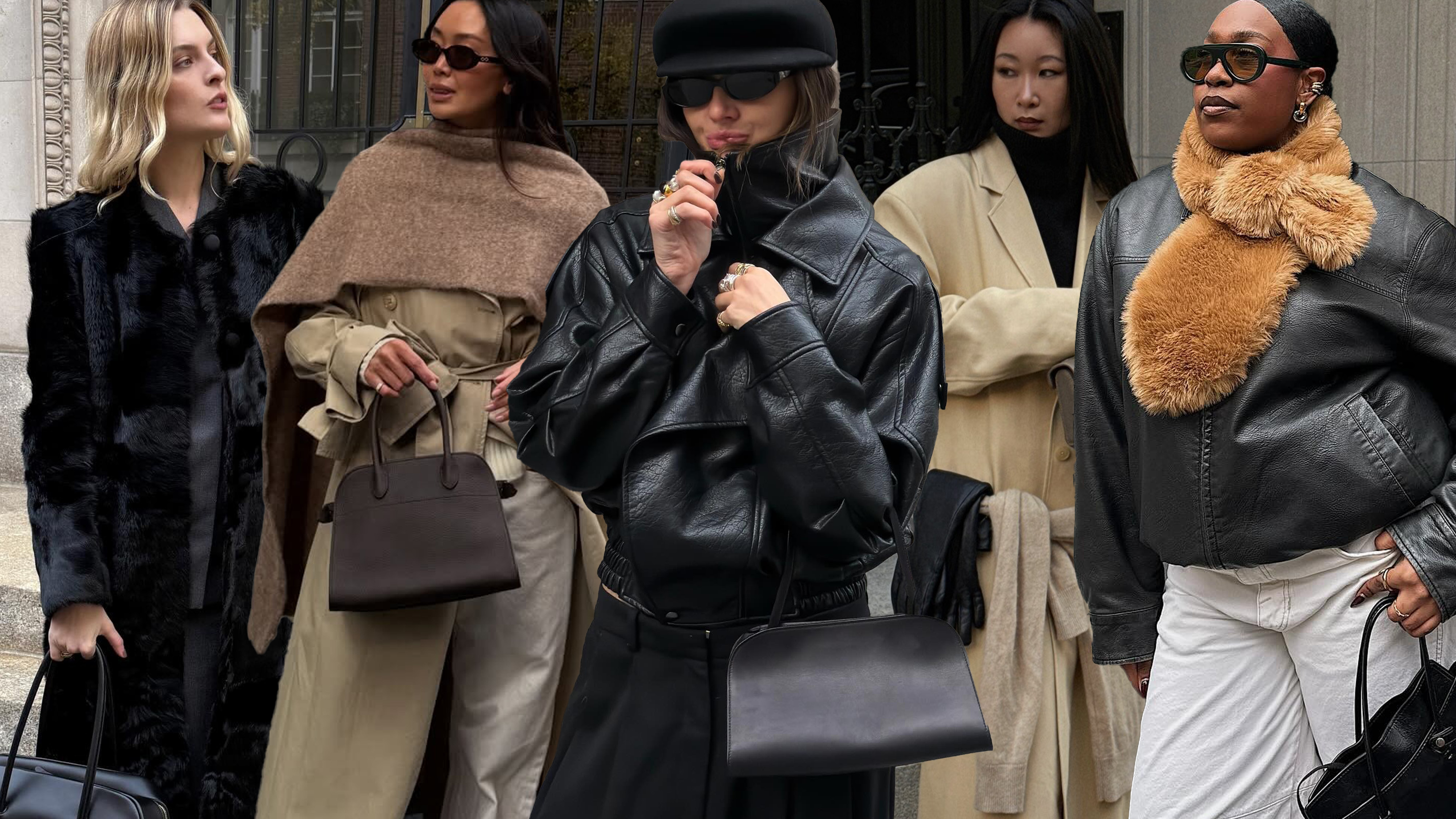 West Village winter trends are showcased in a collage of street-style photos featuring women's winter outfit ideas. On the far left, a woman stands in a black fur coat, holding a black bowler bag. Next to her, a woman stands in brown sunglasses, wearing a tan trench coat with a long brown scarf wrapped around the shoulders like a cape, and carrying a brown bowler bag and white jeans. In the middle, a woman is wearing a black leather funnel neck bomber jacket with black trousers, black sunglasses, a black baker cap, and a black bowler bag. Next to her stands a woman wearing a black turtleneck sweater layered under a cream coat with a matching cardigan tied around the waist and black gloves layered over the cardigan. On the far right, a woman stands wearing oversized two-tone aviator sunglasses, a black leather bomber jacket, white jeans, a black bag, and a brown faux fur scarf.