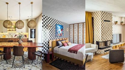 triptych of colorful kitchen, bedroom and living room with tiles